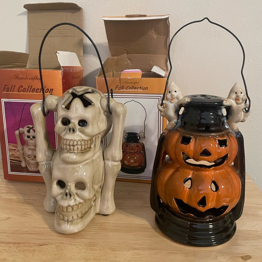 Set Of Vintage Halloween Tea Light Lanterns. Skull And Jack-O-Lantern New